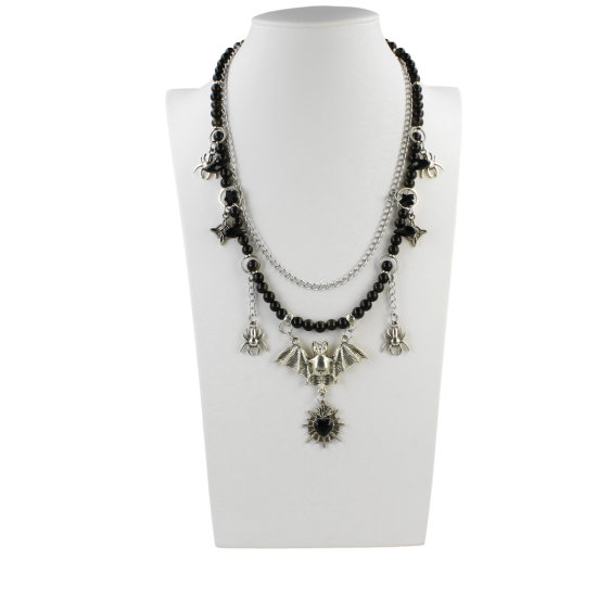 Naszyjnik handmade czarny nietoperz z marmurkami szklanymi