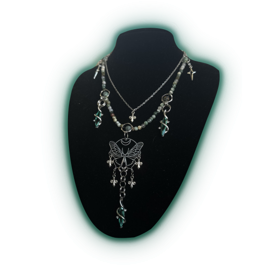 Naszyjnik handmade "butterfly touch" agat drzewny mszysty